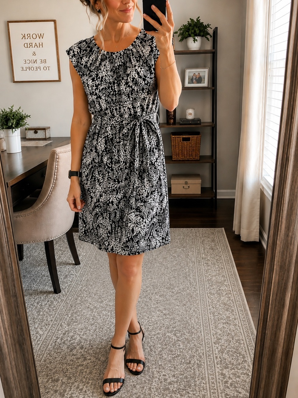 LC Lauren Conrad Black & White Floral Belted Midi Dress Size Small